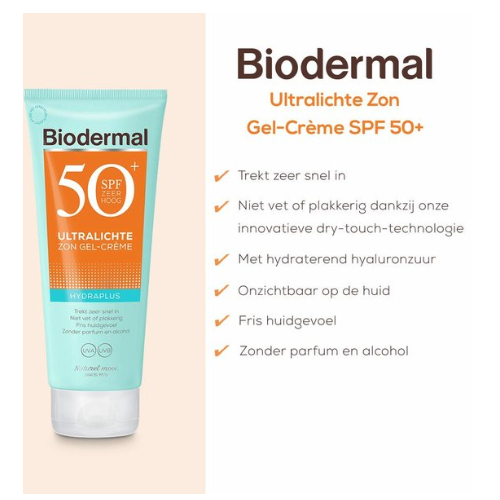 Biodermal Hydraplus Ultralichte Zon Gel-Crème SPF 50 - Zonnebrand met Factor 50 - Zonnebrand met hyaluronzuur