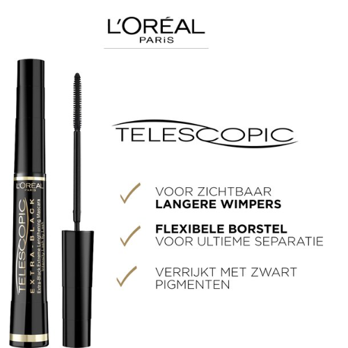 L’Oréal Paris Telescopic Mascara - Lengte Mascara voor Zichtbaar Langere Wimpers - Flexibel multi-precisie borsteltje - Extra Zwart - 8ML - voordeelverpakking - 3 Stuks