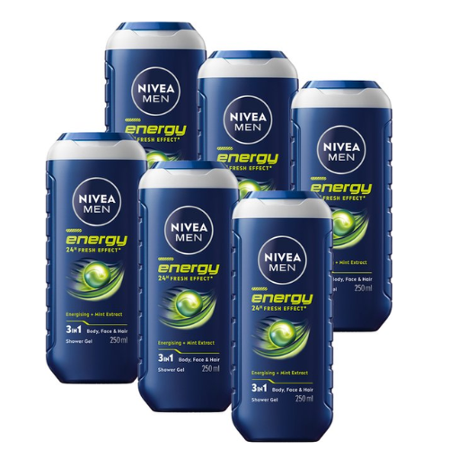 NIVEA MEN Energy Douchegel - 3-in-1 Shower Gel Met Mintextract - Shampoo - Voordeelverpakking - 6 x 250 ml