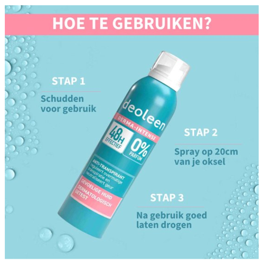 Deoleen Derma Intense 48 uur - Anti-transpirant spray - Voorkomt overmatige transpiratie en transpiratiegeur - 48 uur effectief - 0% parfum & 0% alcohol - Dermatologisch getest - Deodorant - 150 ml