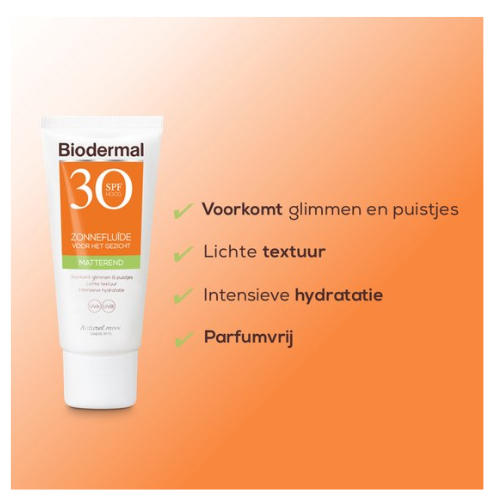 Biodermal Zonnebrand - Matterende Zonnefluïde voor het gezicht SPF 30 - 40ml - Voorkomt glimmen en puistjes