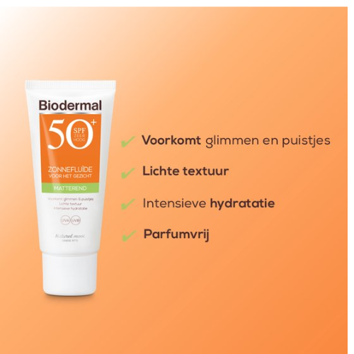Biodermal Zonnebrand - Matterende Zonnefluïde voor het gezicht SPF 50 - 40ml - Voorkomt glimmen en puistjes