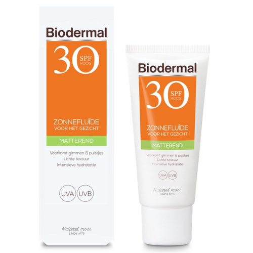 Biodermal Zonnebrand - Matterende Zonnefluïde voor het gezicht SPF 30 - 40ml - Voorkomt glimmen en puistjes