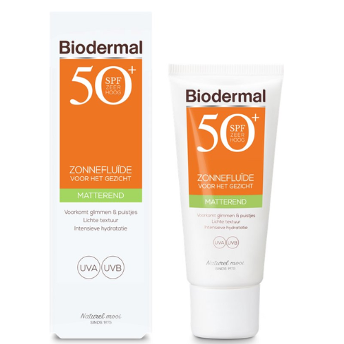 Biodermal Zonnebrand - Matterende Zonnefluïde voor het gezicht SPF 50 - 40ml - Voorkomt glimmen en puistjes