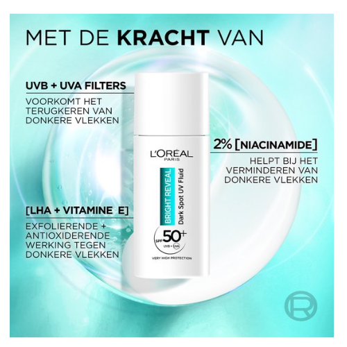 L'Oréal Bright Reveal Dark Spot UV Fluid Moisturizer met SPF50+ - voor een stralendere teint - Vermindert en Corrigeert Pigmentvlekken - 50 ml
