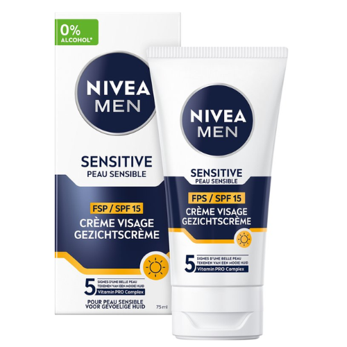 NIVEA MEN Sensitive Gezichtscrème - Dagcrème - Moisturizer - SPF 15 - Gevoelige huid - Met kamille en vitamine E - 75 ml