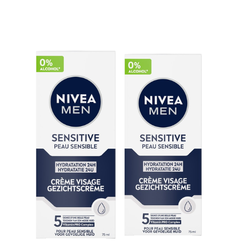 NIVEA MEN Sensitive Dagcrème Gezicht - 24H Hydratatie - Moisturizer - Gezichtscrème - Voordeelverpakking 2 x75 ml
