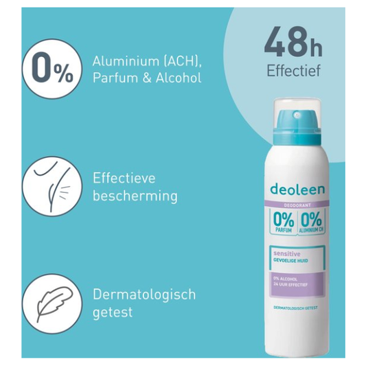 Deoleen 0% Aluminium - Deodorant Sensitive - 24 uur effectieve bescherming - 0% parfum & 0% alcohol - Dermatologisch getest - Anti-witte strepen - 150 ml