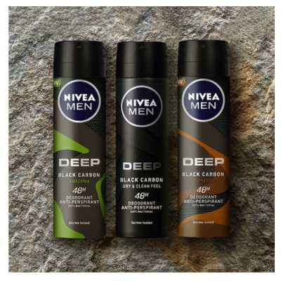 NIVEA MEN Deep Amazonia Deodorant Spray - 48 uur bescherming - Met black carbon - Antibacterieel - Amazonia-geur - 6 x 150ml - Voordeelverpakking