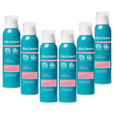 Deoleen Anti-transpirant - Aerosol Regular - Voorkomt overmatige transpiratie en transpiratiegeur - 48 uur effectief - 0% parfum - Dermatologisch getest - Deodorant -Voordeelverpakking 6x 150 ml