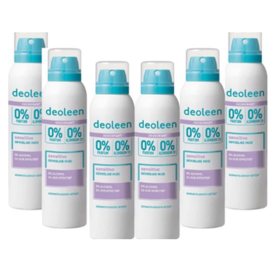 Deoleen 0% Aluminium - Deodorant Sensitive - 24 uur effectieve bescherming - 0% parfum & 0% alcohol - Dermatologisch getest - Anti-witte strepen -voordeelverpakking 6 x 150 ml