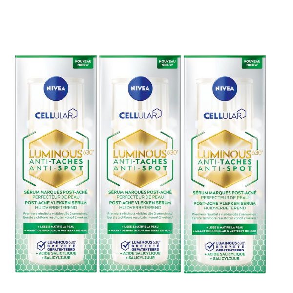 NIVEA Cellular LUMINOUS630 Post-Acne vlekken Serum Gezicht - Acneverzorging - Voor een Gladde Huid - Gezichtsserum Met salicylzuur en Hyaluronzuur - 3x 30 ml