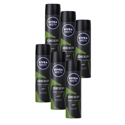 NIVEA MEN Deep Amazonia Deodorant Spray - 48 uur bescherming - Met black carbon - Antibacterieel - Amazonia-geur - 6 x 150ml - Voordeelverpakking